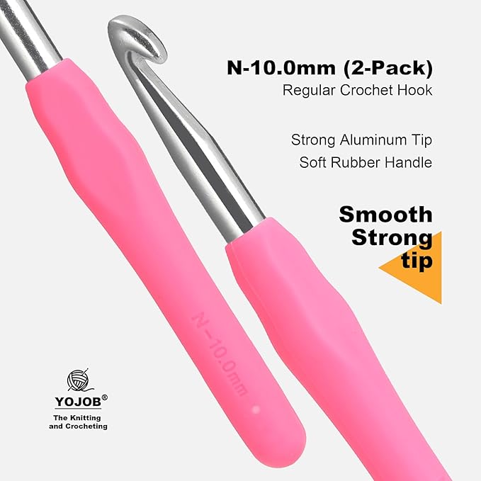 2Pcs 10mm Large Crochet Hooks, Ergonomic Crochet Hook for Arthritis and Beginners, Extra Long, Smooth, Comfortable (Size N / 10.0mm)