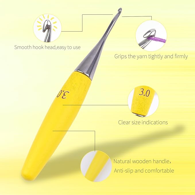 Crochet Hooks 3mm Crochet Hook Soft Lightweight Wood Ergonomic Handle and Stainless Steel Crochet Needles Tip (3 mm-D)