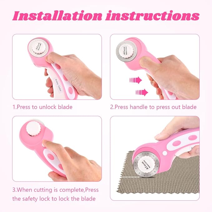 45mm Rotary Cutter for Fabric with 10 pcs Blades,Pinking Rotary Cutter for Quilting Crafts Sewing (Pink)