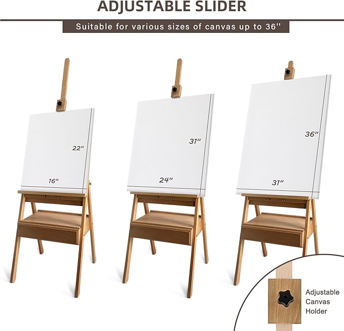 Large Solid Beech Wood Painting Easel with Storage Drawer(60"~75" H), H-Frame Adjustable Wooden Easel Stand with Signature Box for Adults, Students,Sturdy Canvas Holder up to 36''