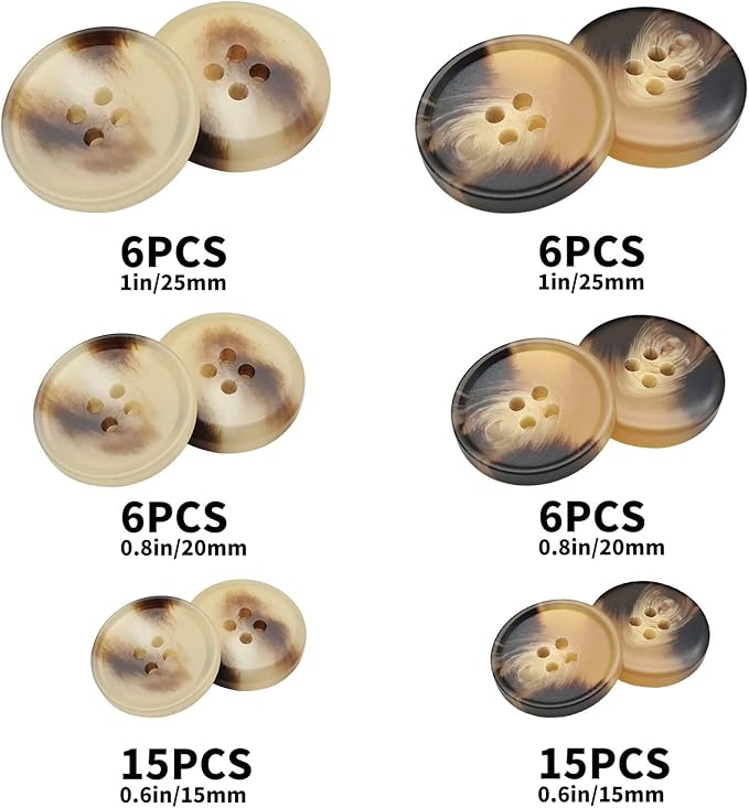 Assorted Buttons for Sewing Crafts,135Pcs 4-Hole Round Blazer Buttons, 5 Color 3 Size (15mm, 20mm, 25mm) Resin Button for Suit,Shirt,Coats,Clothes Sewing,DIY Craft (Black,White,Blue,Coffee Color)