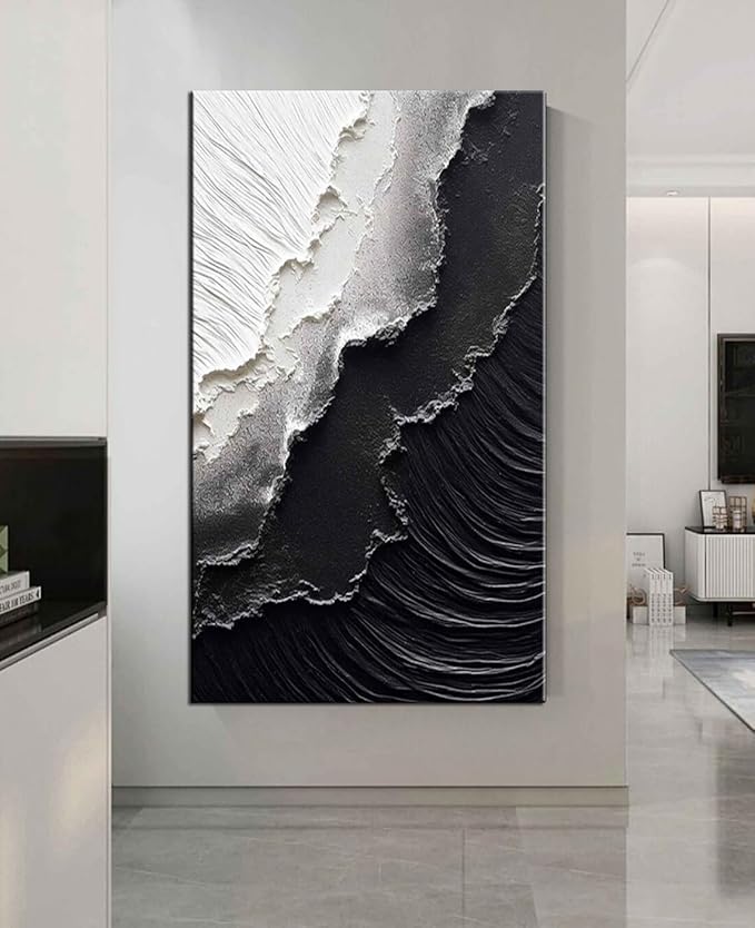 YaSheng Art - Thick Texture Abstract Oil Painting Hand-Painted sea wave Black and White Wall Art Minimalist modern Art Paintings Home Living room Room Dining Room Bedroom Wall Decorative Art Oil Painting 24x48inch