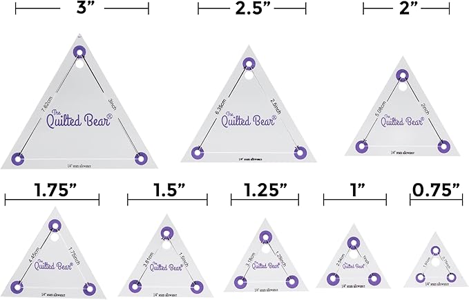 The Quilted Bear Triangle Quilting Templates – 8 Clear Non-Slip Acrylic Quilt Templates for Precise Fabric Cutting & Stress-Free Machine Quilting - Ideal for Quilt & Sewing Supplies (¾–3")