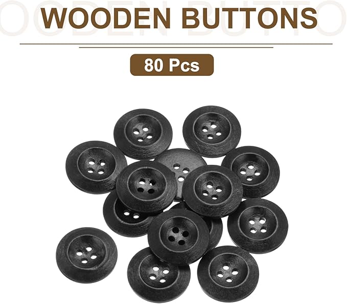 uxcell 80Pcs Wooden Buttons, 28mm(1 1/8") 4 Hole Round Wood Sewing Button Craft for Sewing DIY Craft Clothing, Black