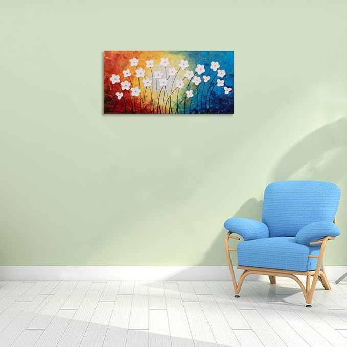 Yihui Arts Hand Painted Textured Flower Oil Painting on Canvas - Colorful Abstract White Floral Wall Art for Living Room, Bedroom, Modern Home Decor