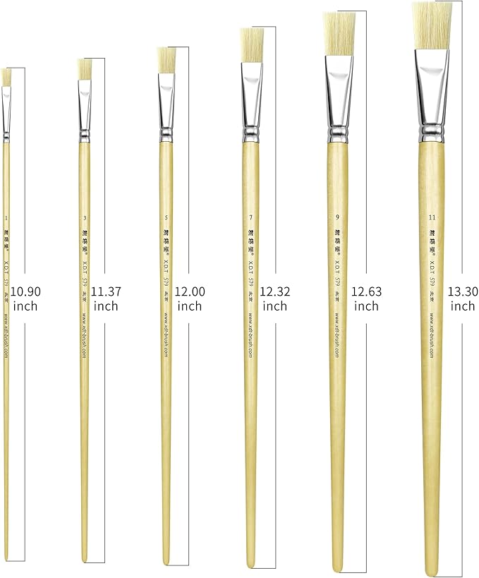 XDT#579 Flat Artist Paint Brush 6 Piece Set, Hog Bristle Wash Tip #1#3#5#7#9#11, Craft Face Body Paint Acrylic Oil Watercolor