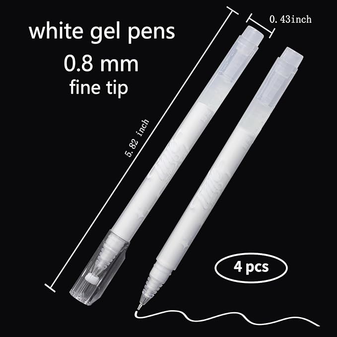 YUANCHENG White Gel Pens,4 Pack, 0.8 mm Extra Fine Point Gel Ink Pens,Suitable for Black Paper Drawing,Card Making,Artists Drawing.Sketching,White Gel Pen for Art Highlight