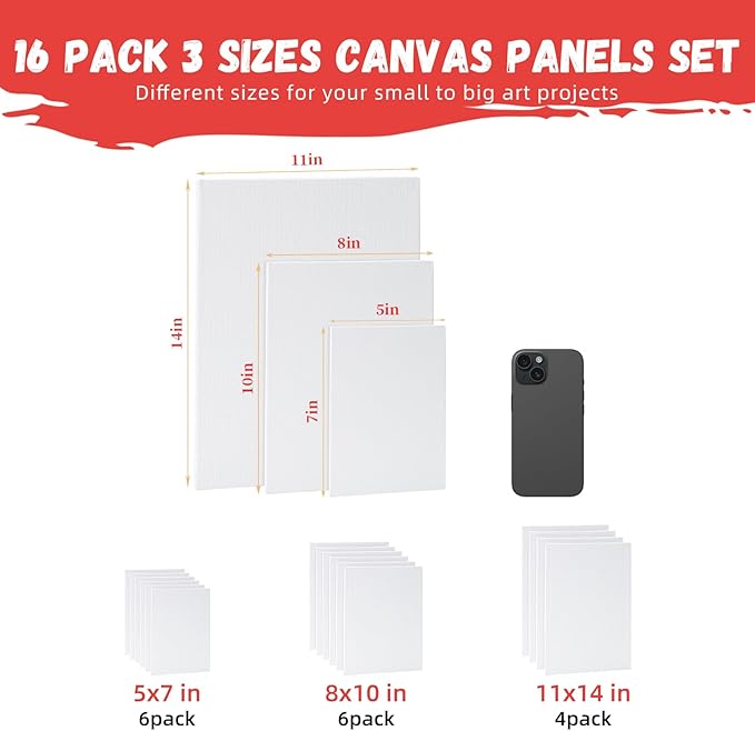 Simetufy 16 Pack Canvas Boards for Painting Multi-Size Canvas Panels Set 5x7, 8x10, 11x14 Inches Pre-Primed 100% Cotton for Oil Acrylic Paint for Kids Beginners Christmas Gift