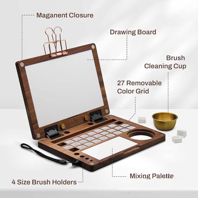 27 Grid Crossbody Portable Watercolor Palette Box, Black Walnut Wooden Travel Mini Paint Box with Adjustable Shoulder Strap, Watercolor Easel, Metal Clips for Painters and Artists