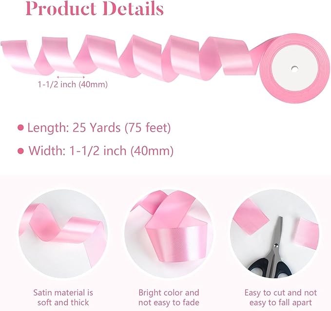 Pink Satin Ribbon 1-1/2 Inch x 2 Rolls Pink Wide Satin Fabric Ribbon for Gift Packaging, Christmas, Wedding, Flower Bouquet, Holiday Party, Invitation