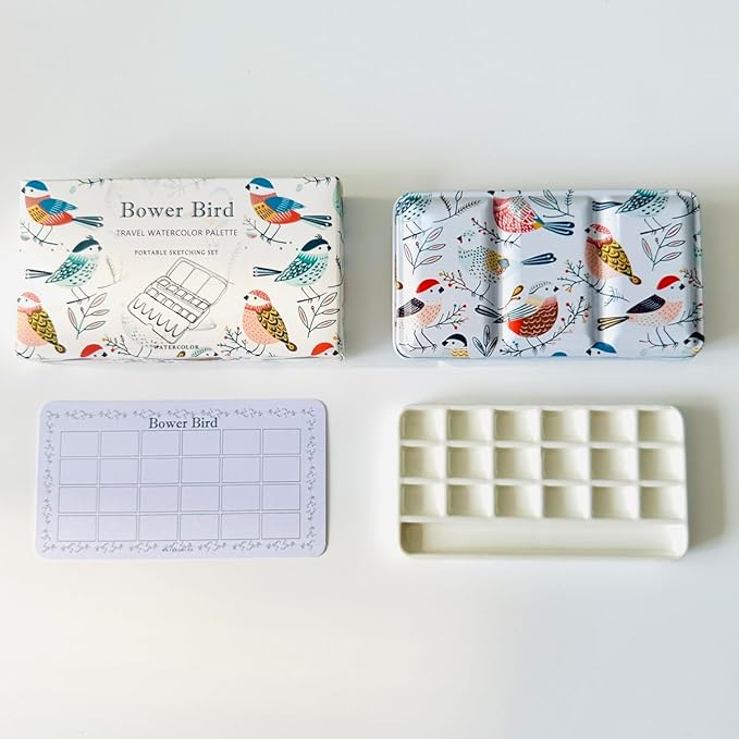 Bower Bird Travel Watercolor Palette,Portable Ceramic Palette,Empty Paint Palette,Small Travel Metal Paint Boxwith Porcelain Palette (18Well)