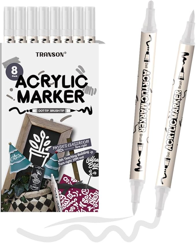 TRANSON 8 Pack White Brush and Bold Dual-tip Acrylic Paint Marker for DIY Glass Canvas Wood Leather Ceramic Rock Painting