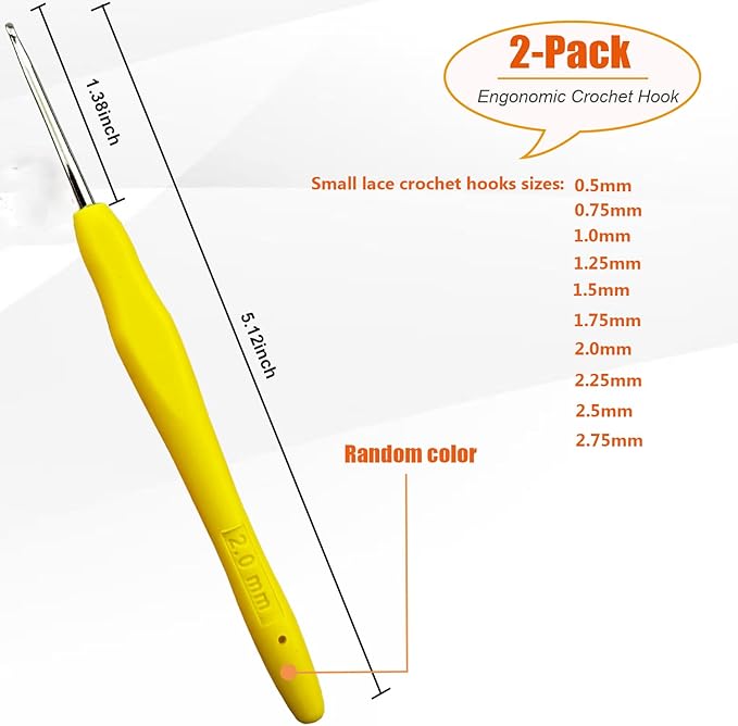 Mdoker 2PCS Small Size Crochet Hook Ergonomic Handle Crochet Hook Needles for Arthritic Hands,Thread Crochet Steel Lace Hooks Size 2mm