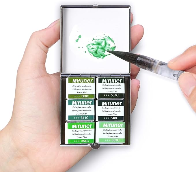Mini Portable Handmade Artist Watercolor Paint Travel Metallic Box Set with 6 Green Solid Watercolor Half Pans (Each Capacity Approx 1.5ml) Pearlescent.Green