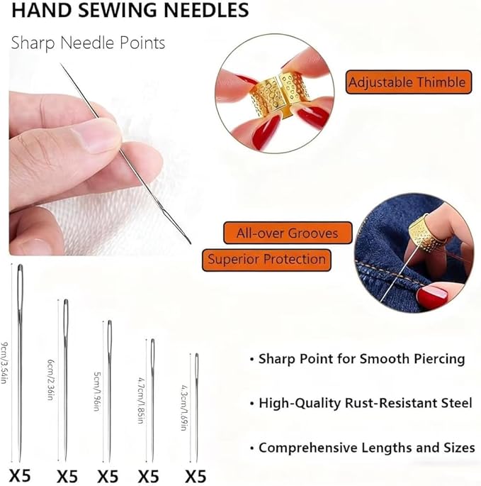39 Pieces Big Eye Stainless Steel Needles Set, Sewing Kit for Hand Sewing, Embroidery and Quilting Includes Thread, Threader, Thimble, Scissor, Portable Storage Case for Fabric, Denim, Leather