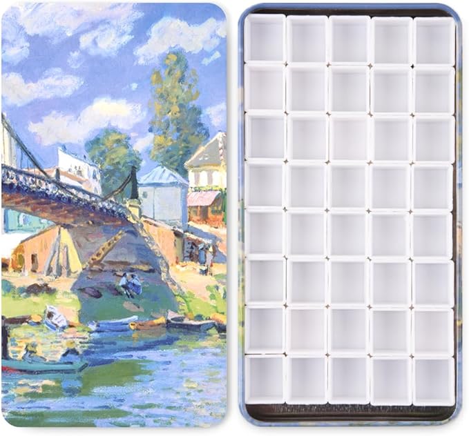Portable Watercolor Tins Paint Palette with 40Pcs Empty Half Pans and Magnetic Squares, Small Travel Metal Paint Box with Acrylics Painting Art Drawing. Bridge