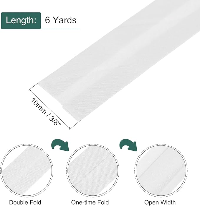 MECCANIXITY 2/5 Inch Double Fold Bias Tape Cotton Continuous Bulk Bias Tape for Sewing,Seaming Quilting Hemming Binding Crafts (White 6 Yards)