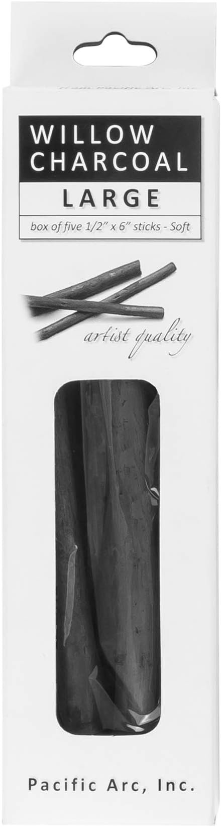 Pacific Arc Large Vine Charcoal Stick 5/Pkg, Soft, Black, Thick Willow Charcoal for Sketching and Drawing