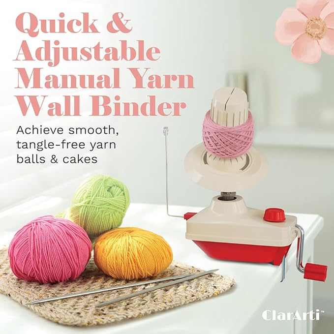 ClarArti Yarn Ball Winder for Crocheting, Knitting, & Other Yarn Crafts | Quick, Quiet, Creates Yarn Balls & Yarn Cakes | Medium Capacity, Can Handle Average Size Yarn Skeins (Red/White)