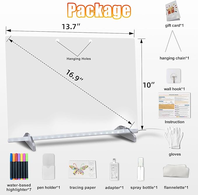 LED Note Board with Colors, 13.7"X10" 6 Modes & 8 Colors Acrylic Dry Erase Boards with Light, Include Adapter, Hanging Chain, Led Drawing Board for Kids with Stand,7 Markers, Spray Bottle