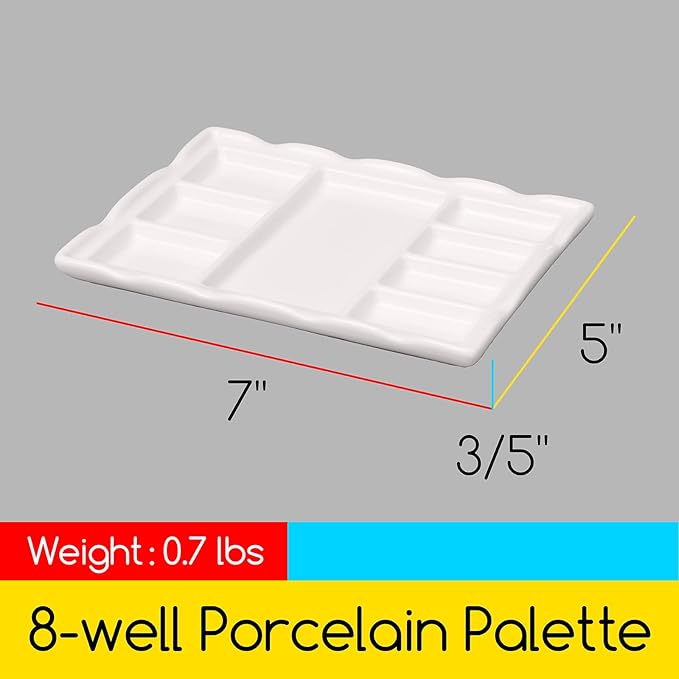 MEEDEN 8-Well Ceramic Artist Paint Palette, Porcelain Paint Palette Tray, Watercolor Mixing Palette, Porcelain Mixing Tray for Watercolor, Gouache, Acrylic Painting, 7”x 5.2”x 0.6”