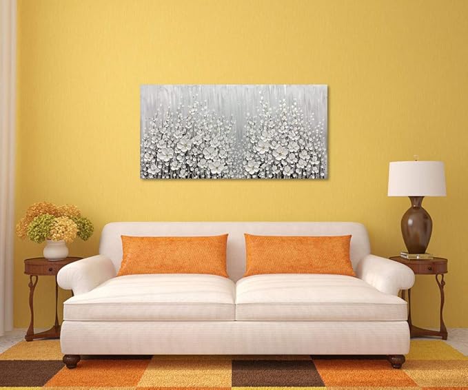 V-inspire Art, 24x48 Inch Hand Painted 3D White Flowers Wall Art Abstract Canvas Oil Paintings Wall Decorations for Living room Dining room Bedroom Artwork for Home Walls