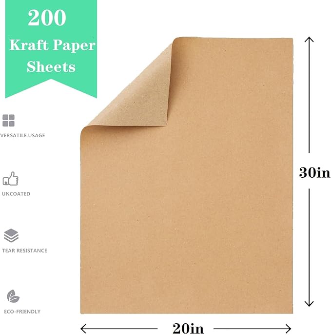 20”x 30”Kraft Paper Sheets Bulk Brown Paper Large Craft Paper for Arts, Drawing, DIY Projects, Brown Wrapping for Gift Shipping Packaging 200 Sheets