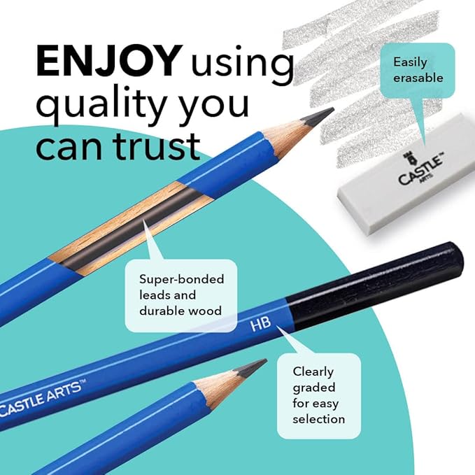 Castle Art Supplies 12 Piece Graphite Drawing Pencils Kit | for Adult Artists – Beginners and Advanced | Presented in Attractive, Compact, Sturdy Metal Case with Tutorial