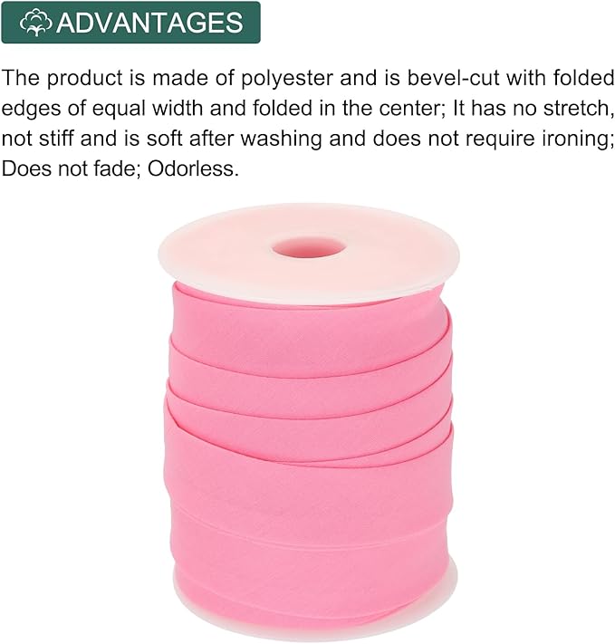 MECCANIXITY 1 Inch Double Fold Bias Tape Polyester Continuous Bulk Bias Tape for Sewing,Seaming Quilting Hemming Binding Crafts (Pink 25 Yards)