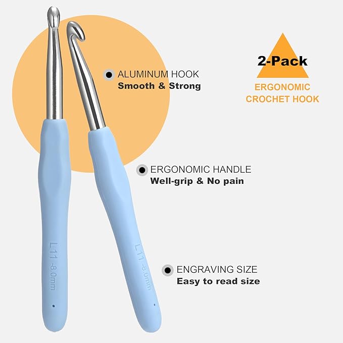 2Pcs 8.0mm Crochet Hooks, Ergonomic Crochet Hook for Arthritis and Beginners, Extra Long, Smooth, Comfortable (Size L / 8.0mm)