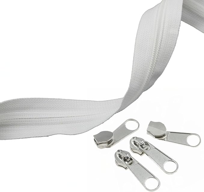 Leekayer #5 White Nylon Coil Zippers by The Yard Bulk 10 Yards with 25pcs Silver Sliders for DIY Sewing Tailor Craft Bag(White)