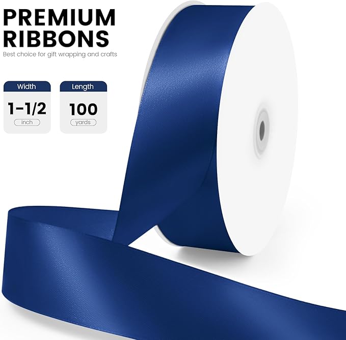 1-1/2" x 100 Yards Satin Ribbon - Wide Silk Navy Blue Ribbon with Spool - Ideal for Gift Wrapping, Floral Bouquets, Crafts, Wedding Party Decorations, Christmas and Sewing Projects