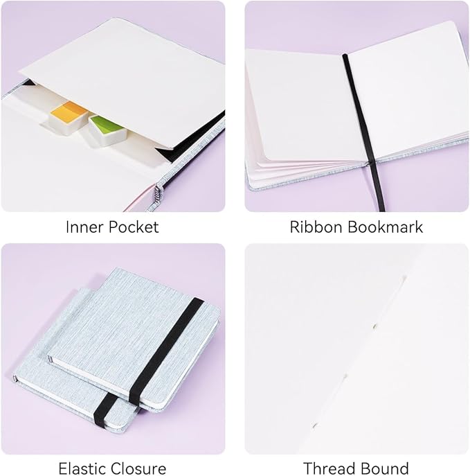 Lightwish Square Watercolor Journal,100% Cotton,300gsm/140lb,Acid-Free,24 Sheets Hot Press Watecolor Paper Sketchbook for Artists Adults Students,4.7 * 4.7 Inches