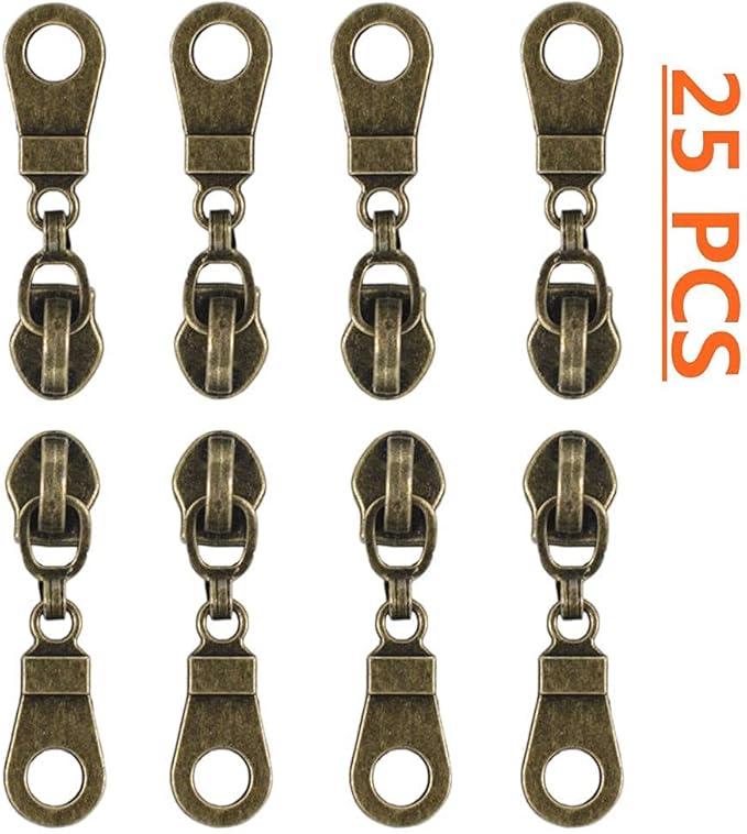MebuZip #5 Antique Brass Metallic Nylon Coil Zippers by The Yard Bulk Coil Zipper Roll 10 Yards with 25pcs Pulls for DIY Sewing Craft Bags (Brown)