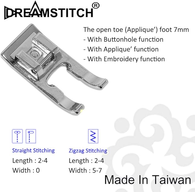 DREAMSTITCH Snap On 7mm Open Toe Foot Appliqué Presser Foot for Brother, Babylock, Singer, Babylock, Elna, Janome, Juki and More Sewing Machine ALT: 40080962, 718W, JU-5900-01Z