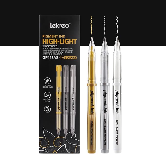 Gold Silver White Ink Gel Pens, 1mm Medium Fine Point, Opaque archival Ink Pen for Dark Paper Drawing,Sketching, Illustration, Card Making, Bullet Journaling (Assorted Color- 3 Packs)