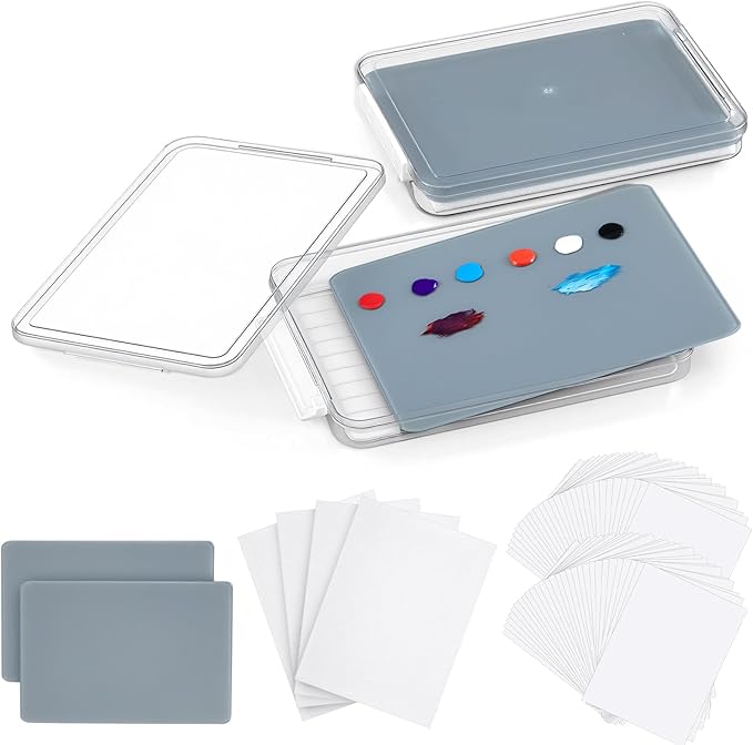 Nuanchu 2 Pcs 9 x 12 Inch Neutral Grey Tempered Glass Palette for Oil Painting with Lid and 80 Sheets Disposable Paper and 4 Sponges Keeps Wet Paint Fresh for Artist DIY Color Mixing Beginners