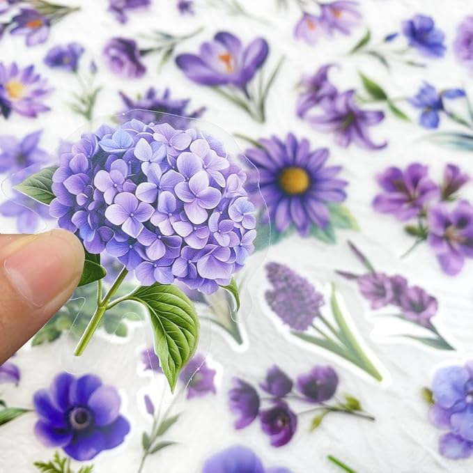 50pcs Purple Flower Transparent Stickers for Scrapbooking – Aesthetic Watercolor Floral Sticker Pack for Journaling, Resin Crafts, Laptop, Clear Botanical Decals
