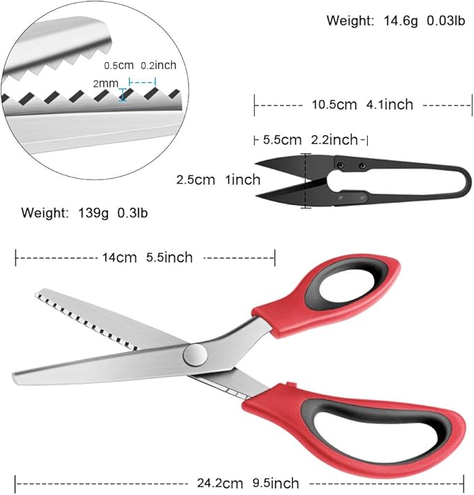 Pinking Shears Serrated,Comfort Grips Handled, Professional Dressmaking Sewing Craft Zig Zag Cut Scissors, Suitable for Many Kinds of Fabrics and Paper, 9 Inch Red