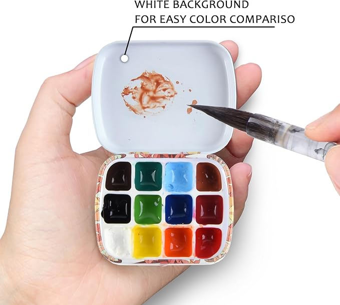 Portable Mini Tin Box,12-Well Empty Watercolor Palette,Small Paint Storage Travel Artist Outdoor Sketch Watercolor Kits with Magnetic Clip and Oil Pot.Mucha