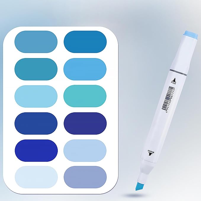 12Pcs Alcohol Markers Pure Color Series,Dual Tip Art Solid Color Markers Set for Adults Beginner Drawing Sketching (Blue)