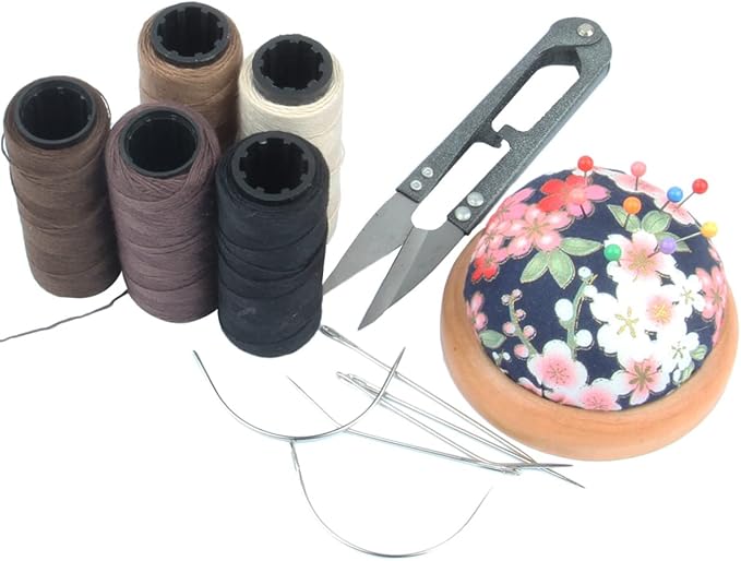 JFFX 5 Rolls Weaving Threads and Needles Set, Hair Extensions Thread with 6 Pcs C/J/I Shaped Needles for Hand Sewing Wig Making Hair Weave Weft Craft DIY