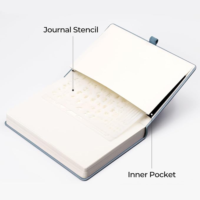 EMSHOI Bullet Dotted Journal Notebook - 320 Pages, 100gsm Thick Paper, A5 Hardcover Leather, Dot Grid Notebook for Women Men Work Writing, Bullet Journaling, Drawing, 5.75 x 8.38, GrayBlue