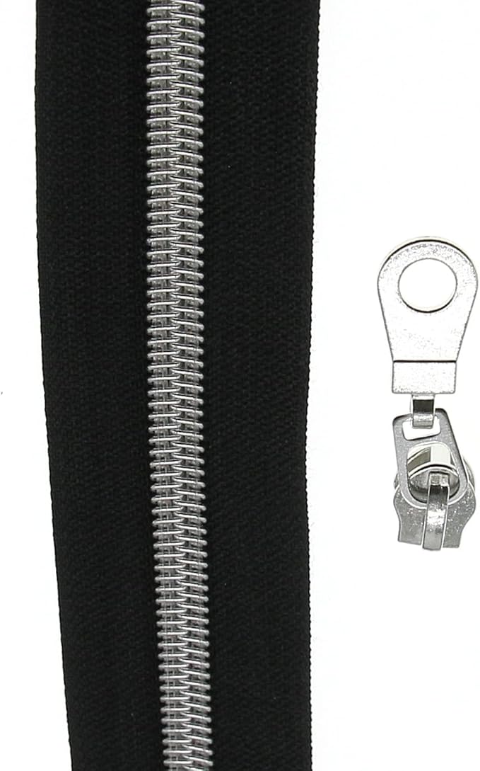 #5 Silver Metallic Nylon Coil Zippers by The Yard, Black Tape Bulk 10 Yards with 25PCS Silver Sliders Pulls for Sewing Crafts Bags YIGUANXIN