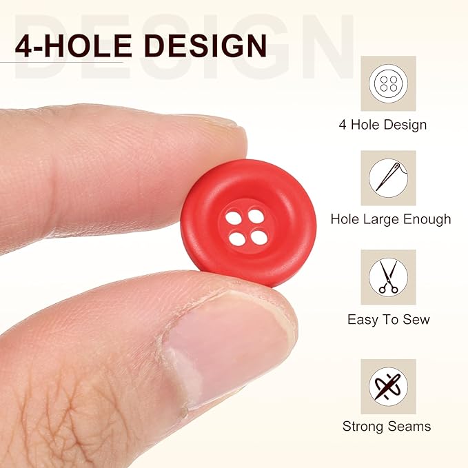 HARFINGTON 50pcs Sewing Button 15mm (5/8 Inch) 4 Holes Resin Thickened Round Crafting Replacement Buttons for Clothing DIY Crafts Decoration, Red