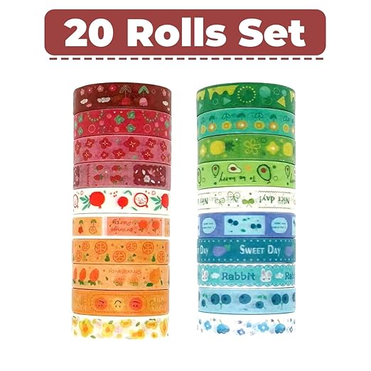 Washi Tape Set, 20 Rolls of Colorful Washi Tape, Decorative Tape for Arts and Crafts, Scrapbooking Supplies Patten Washi Tape Red Orange Blue Green. (Floral & Fruits)