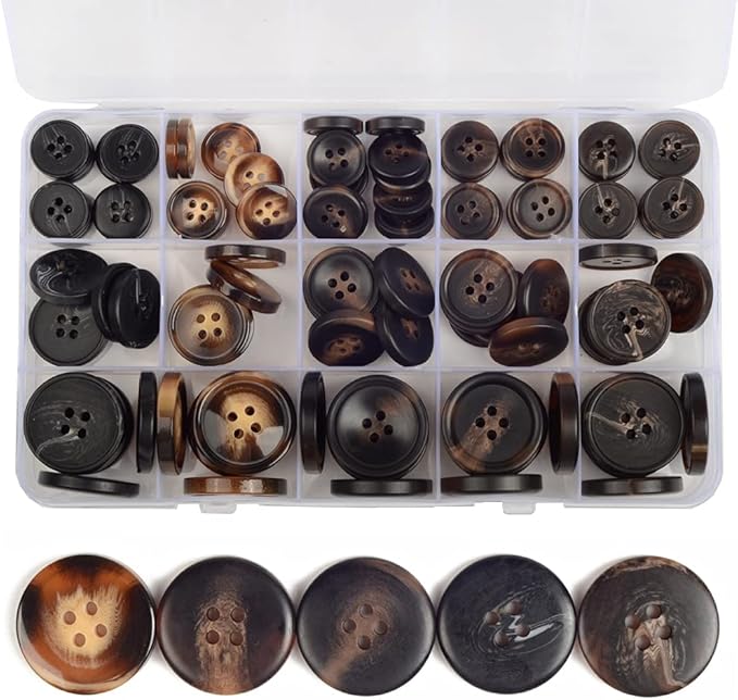 110Pcs Mixed Sewing Buttons, 4-Hole Craft Round Blazer Buttons, 5 Color 3 Size(15mm,20mm,25mm) Suit Coats Resin Button, Suitable for Variety Clothing Sewing, DIY Craft(Brown)