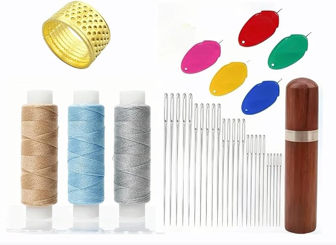 35PCS Large Eye Sewing Needles, Big Eye Steel Needle Set, Stainless Steel Needles for Hand Sewing, Stainless Steel Yarn Knitting Needle with Threader Thimble for Crafts, Repair Quilting