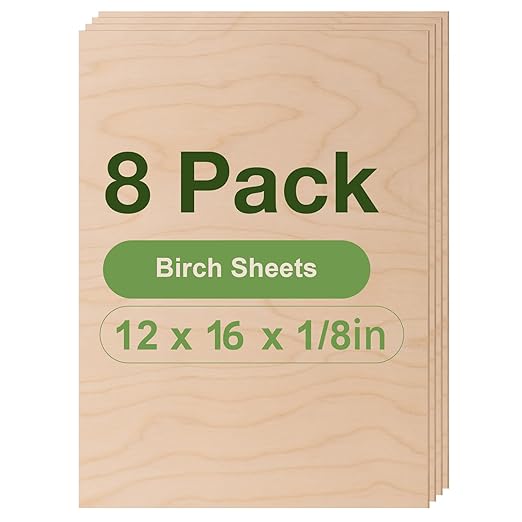 Rowood 8 Pack Birch Plywood Sheets,12x16x1/8inch,Birch Plywood 3mm Wood Sheets Thin Unfinished Wood for Laser Cutting and Engraving,DIY Adult Craft Project Kits for Ornaments, Models Drawing