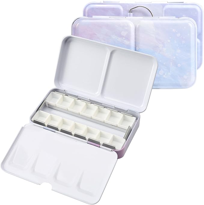 HAUSTG0 Metal Watercolor Palette - Empty Tin with Paint Tray and 14 Half Pans - Travel Palette with Lid
